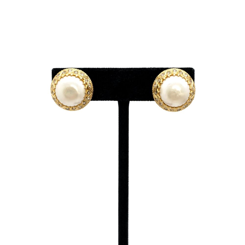 Vintage Nettie Rosenstein Earrings Faux Pearl Rhinestone Clip On 1950s MCM